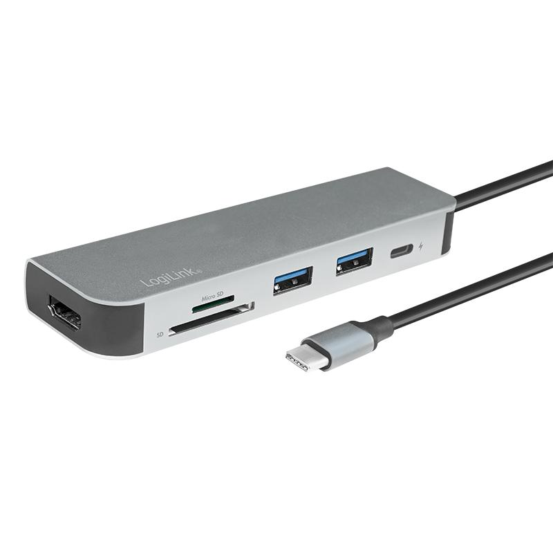 Hub USB-C 3.0 6in1 LogiLink hdmi 4K/30Hz PD SD card reader microSD 60W 4K