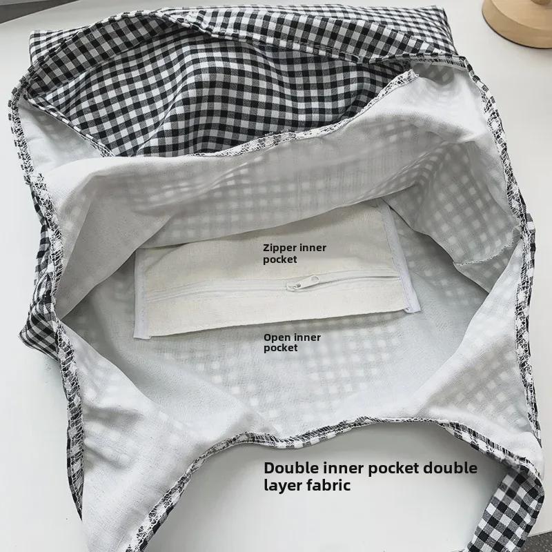 Корейская ретро-сумка из холста в клетку — большая вместимость, легкая и универсальная для студенток