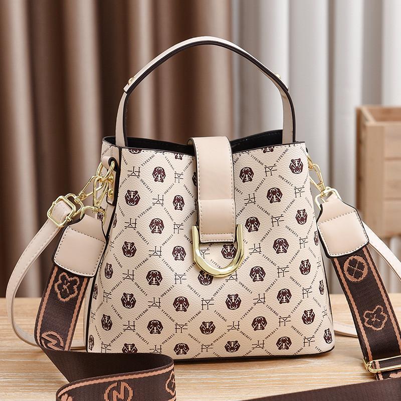 Stylish Vintage Ladies Bucket Bag With Floral Print In Coffee Beige And Earthy Yellow Colors