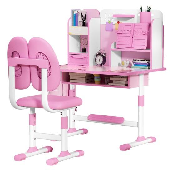 2Pcs/Set Kids Study Desk Chair Set Height Adjustable Study Table Chair Set with Sitting Corrector Ergonomic Desk Chair with Book Stand (Pink, Blue)