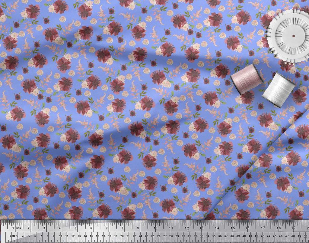 Soimoi Blue Poly Crepe Fabric Leaves & Chrysanthemum Floral Printed Fabric 1 metre 42 Inch