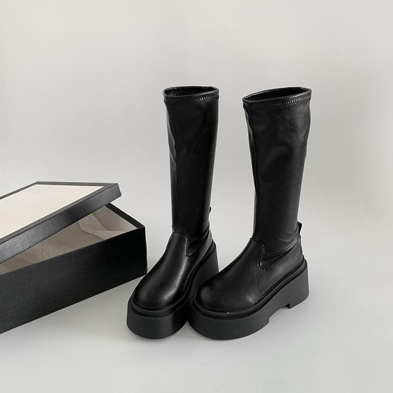 Модные черные американские ретро-ботфорты на высокой платформе женские летние 2025 года новые универсальные рыцарские сапоги