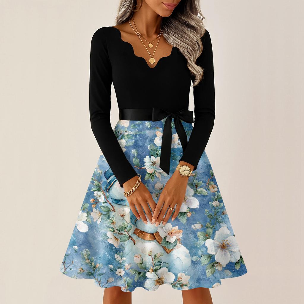 Women's Casual Fashion V-neck Long Sleeved Retro Christmas Print Retro Dress