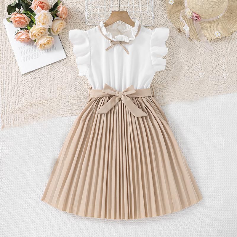 Платье для девочек Детская одежда Лето 2025 Новый стиль Рукава-крылышки Цветные блоки Темперамент Плиссированная юбка