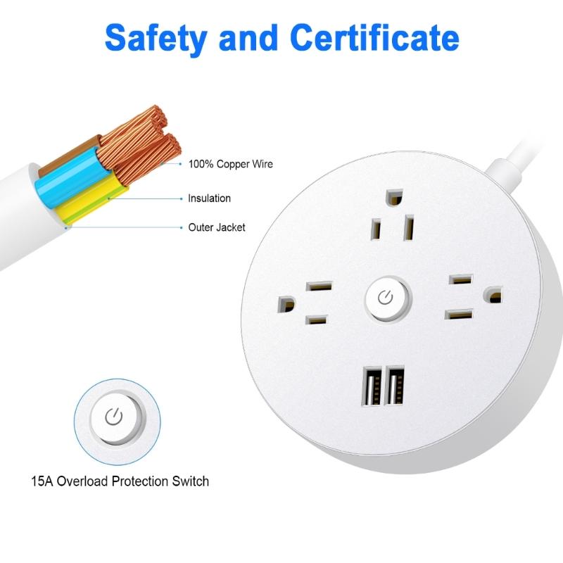 Панель питания с 3 розетками AC, 2 портами USB, многофункциональной настенной розеткой, удлинителем с коротким шнуром для путешествий, штекером US