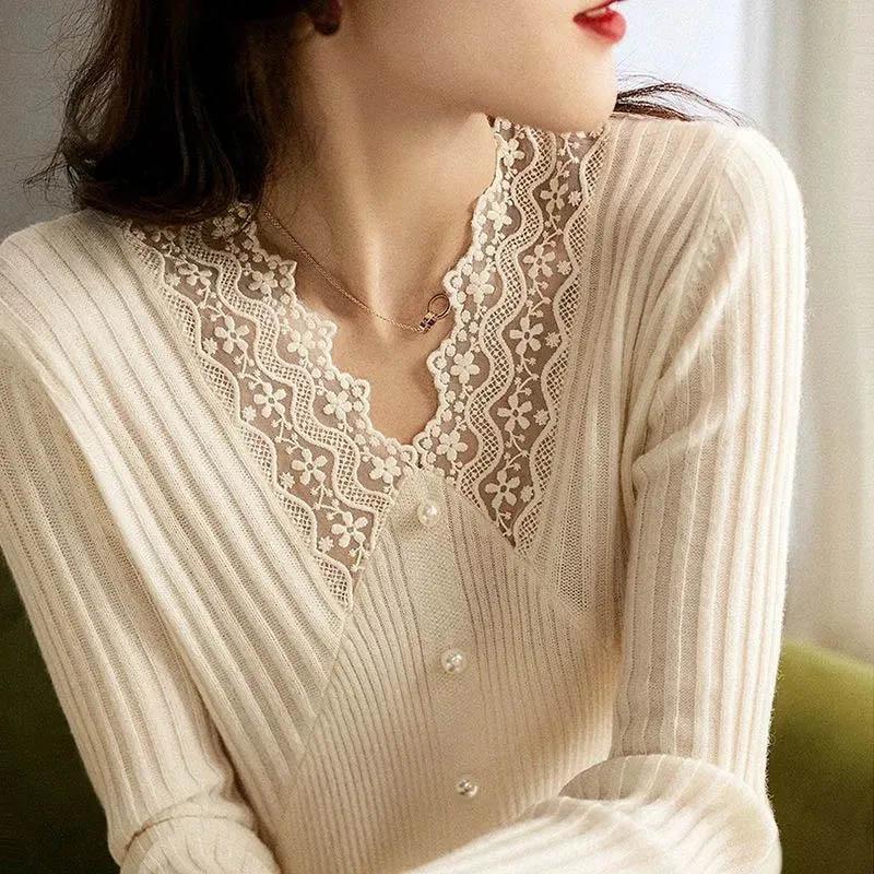 Рубашка с v-образным вырезом и тонкий свитер на весну и осень, модный универсальный топ, кружевной вязаный женский свитер