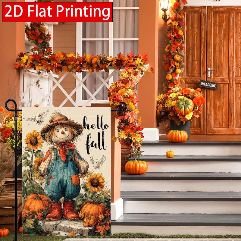 2D Flat, 2D Flat Autumn Dwarf Garden Flag Thanksgiving Autumn Pumpkin Maple Leaf Scarecrow Garden Flag_2-28x40 Inch Outdoor Garden Flag Double-sided H