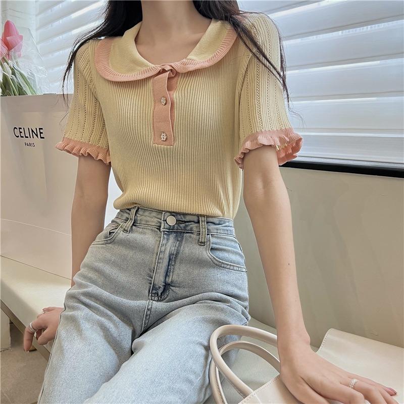 Женский свитер с лацканами в стиле колор-блок на весну и лето, новый милый дизайн с деревянными ушками, тонкий топ с короткими рукавами