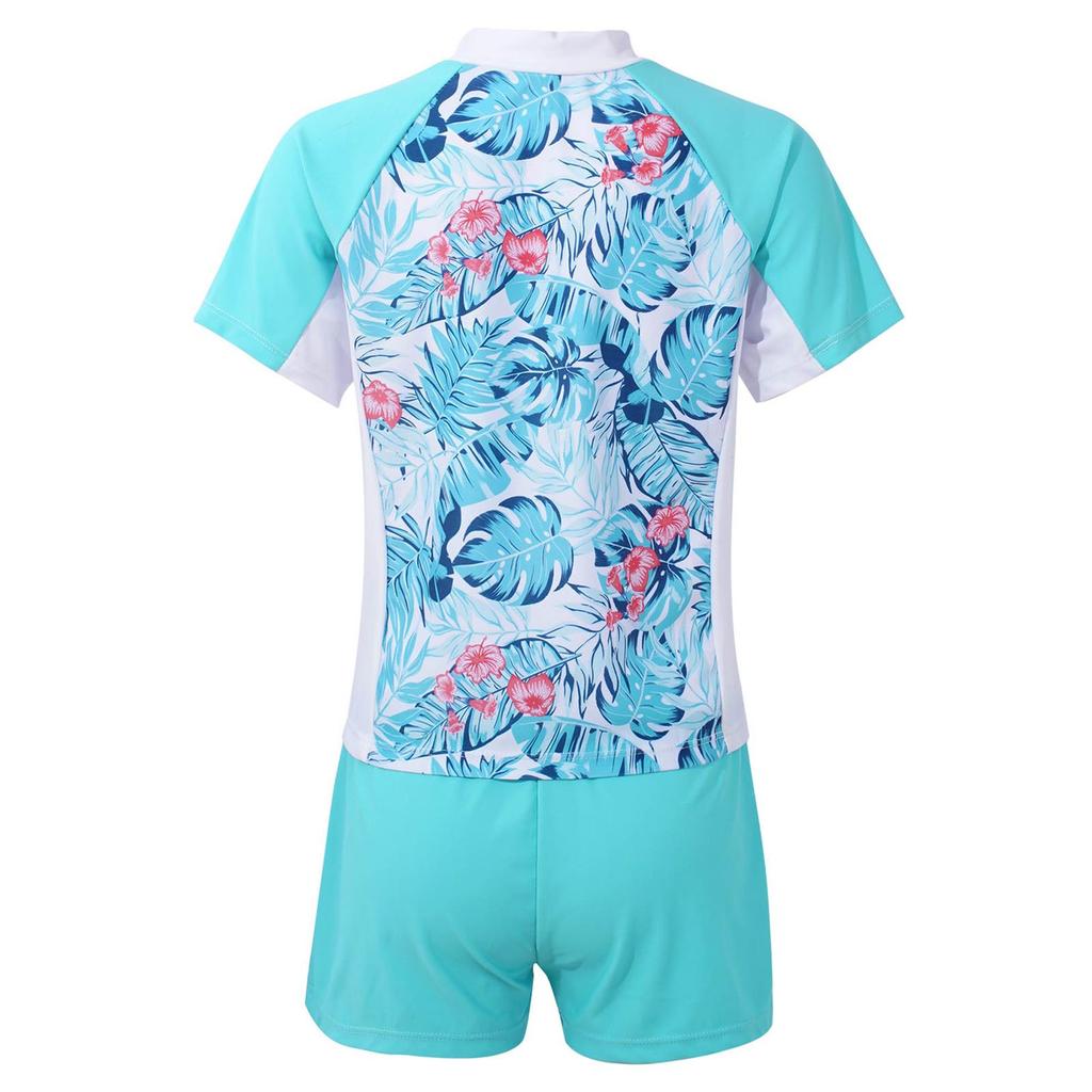 Girls 2 Piece Floral Print Swim Set Round Neck Short Sleeve Top Elastic Waist Boyshorts Beach Bathing Suit Swimsuit