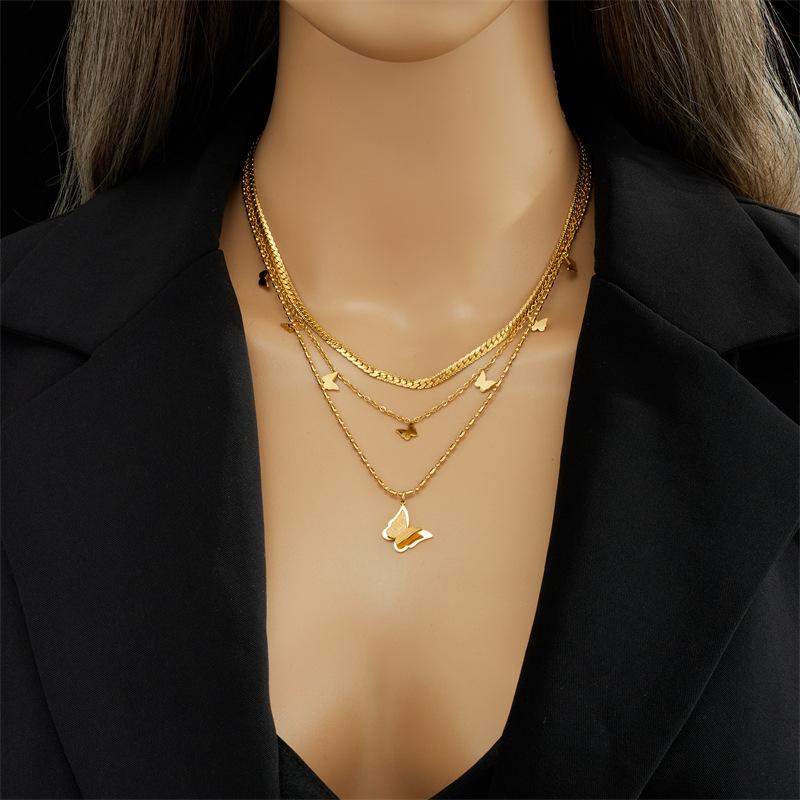 Gold Plated Layered Butterfly Necklace Dainty Insect Pendant Choker Jewelry