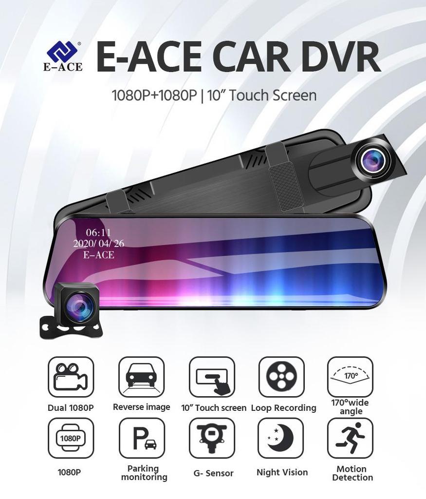 E-ACE Auto Black Box Car Dvr Streaming Media Mirror Dash Camera 10 Inch FHD 1080P Video Recorder Support 1080P Rearview Camera