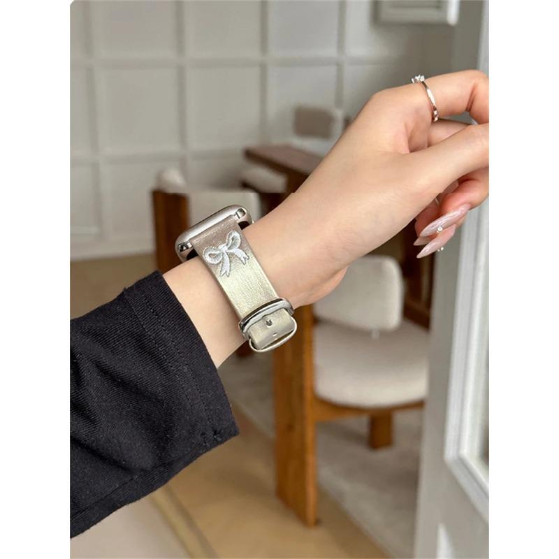 Ремешок для часов с милой вышивкой бантом Aurora кожаный ремешок для Apple Watch ремешок 8 49 9 7 SE 6 для iWatch 45 42 44 40 MM Girl Lovely Bracelet