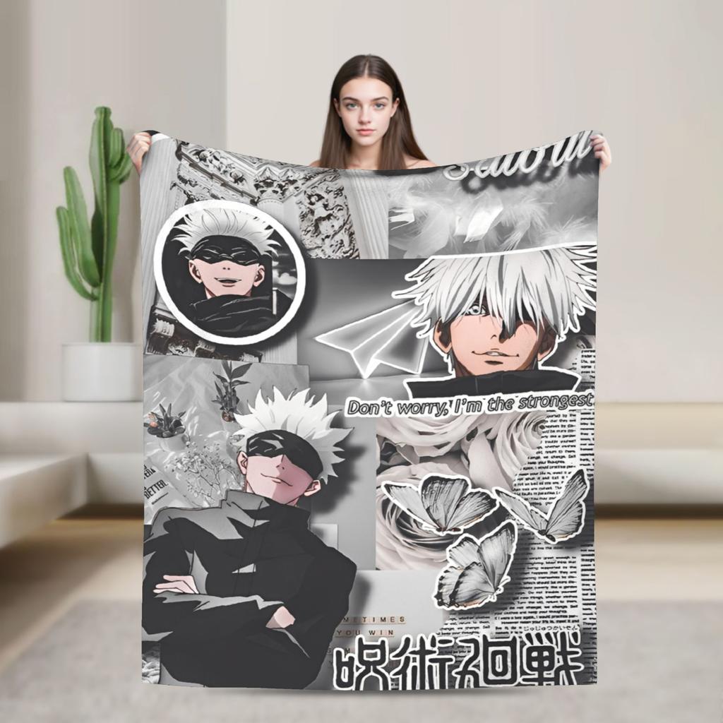 Jujutsu Kaisen Годжо Сатору Фланелевые Пледы Аниме Крутые для Покрывал Вязаный Плед Путешествия Легкий Многофункциональный