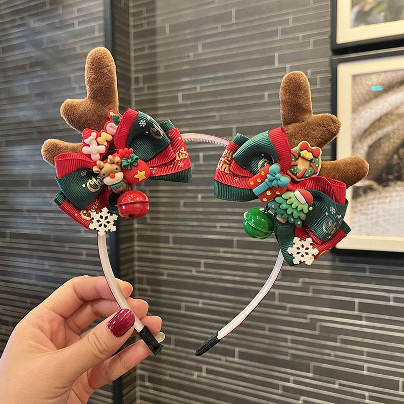 Повязка на голову с красным бархатным бантом в виде оленя - милый рождественский аксессуар для волос для девочек