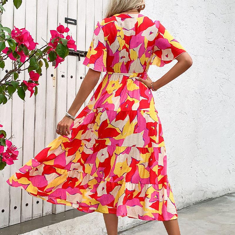 Summer Women's Dress Holiday Cardigan V Neck Printed Dresses