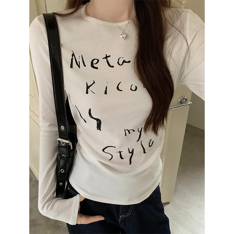 Черная футболка с круглым вырезом и длинными рукавами с принтом букв, женская облегающая майка в стиле ранней осени, внутренний топ