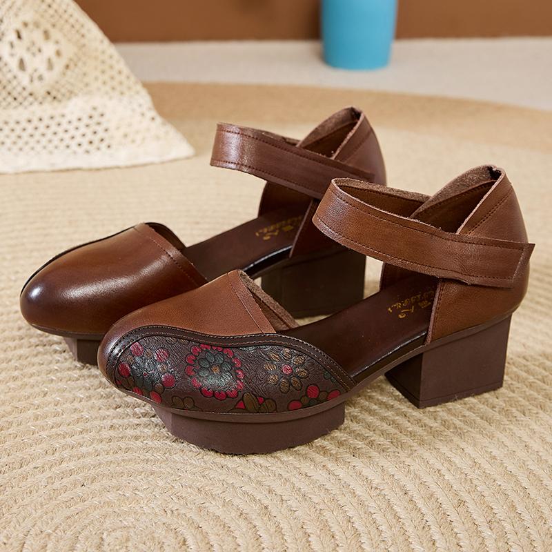 Fashion GKTINOO 2025 New Women Sandals Summer Genuine Leather Thick Heels Sandals Ethnic Style Round Toe Casual High Heel Mom Shoes