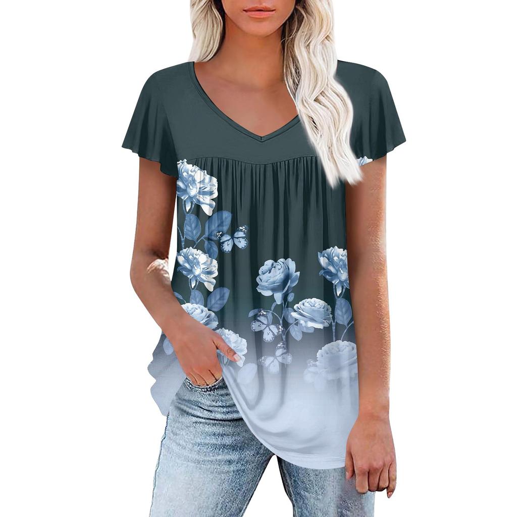 Женские туники, элегантные повседневные летние рубашки с коротким рукавом, цветочные свободные плиссированные топы в стиле бохо