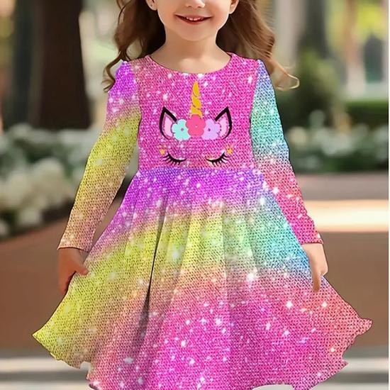 Girl Casual 3D Unicorn Print Round Neck Long Sleeve Dress Kid Princess Dress