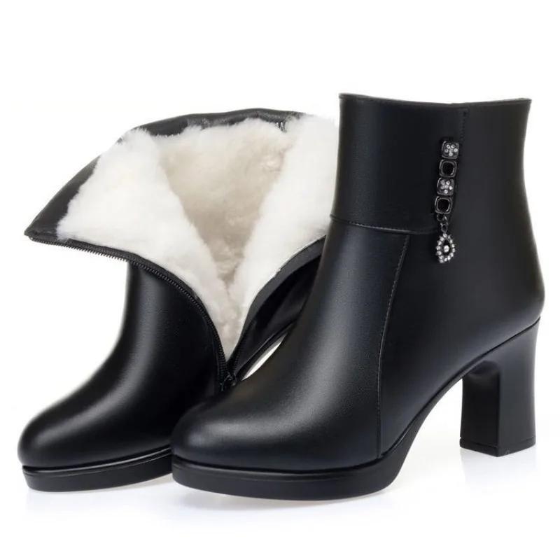 Модные кожаные женские зимние ботильоны с боковой молнией на высоком каблуке, теплые толстые плюшевые зимние ботинки для женщин Botines De Mujer