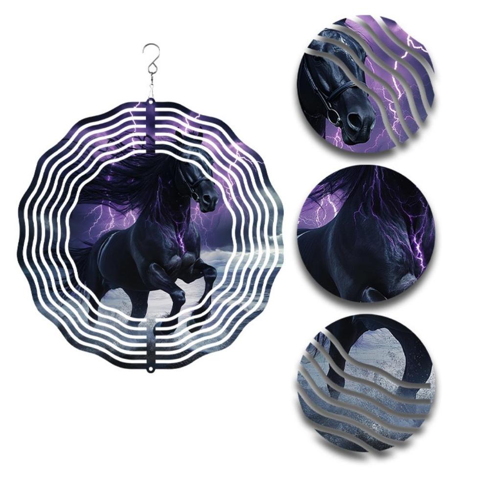 10-Inch Black Horse Wind Spinner - 360° Rotating Metal Garden Art, Outdoor Wind Chime Decor with Rust-Proof Hook for Yard, Patio, or Door Hanging