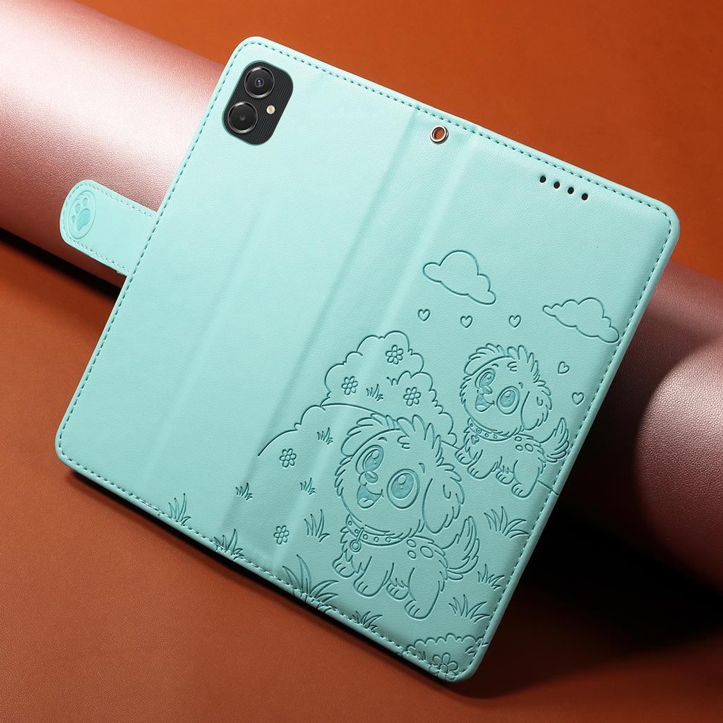 For Samsung Galaxy A06 4G/A06 5G/F06 5G/M06 5G/A07 4G Case RFID Blocking Imprint Dog Pattern PU Leather Phone Cover with Wrist Strap