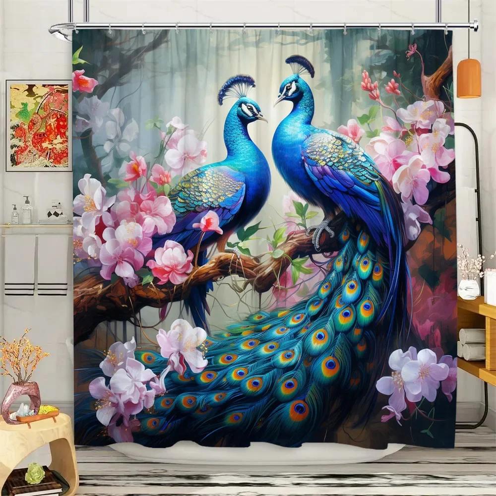 Peacock Shower Curtain Tropical Plant Flower Leaf Landscape Vintage Oil Painting Elegant Polyester Fabric Bathroom Decor Curtain