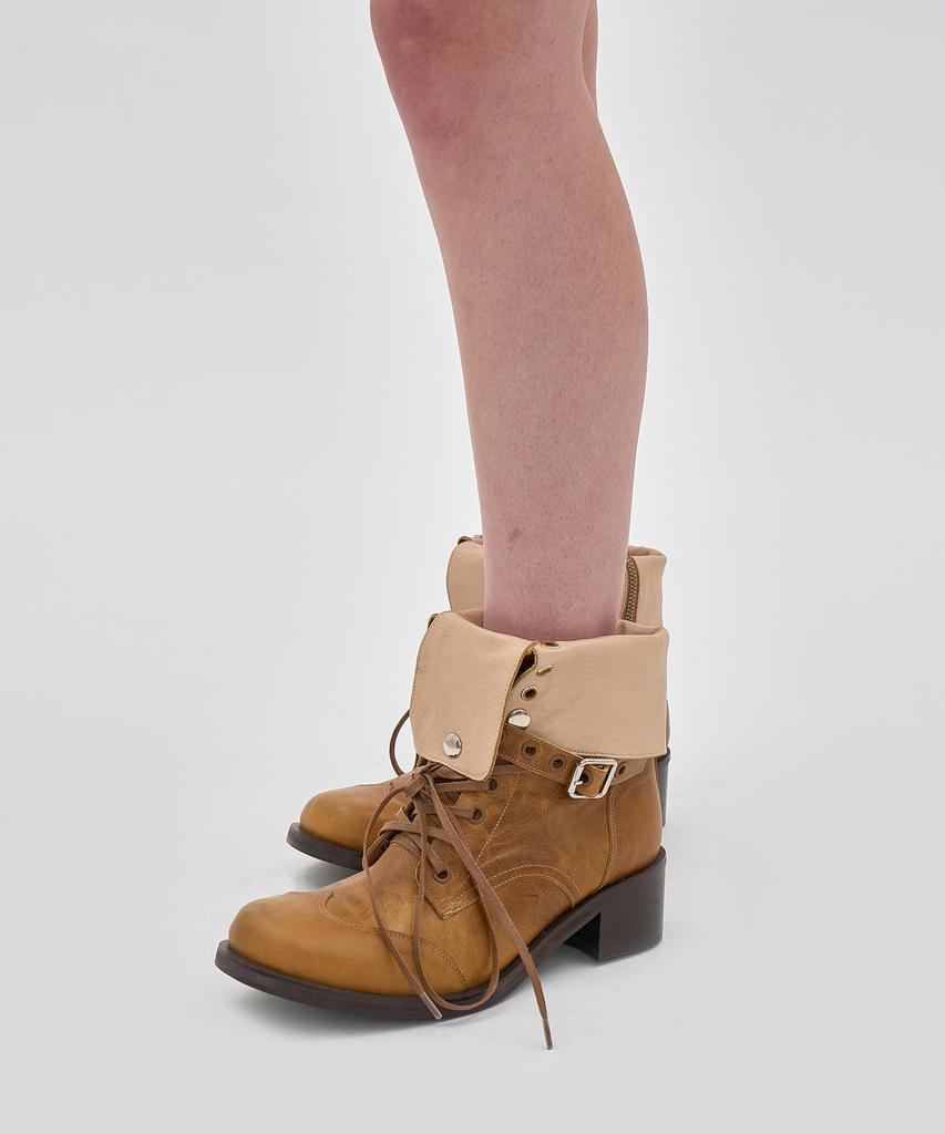 Partimento Women Leather Buckle Strap Lace-Up Boots_Camel