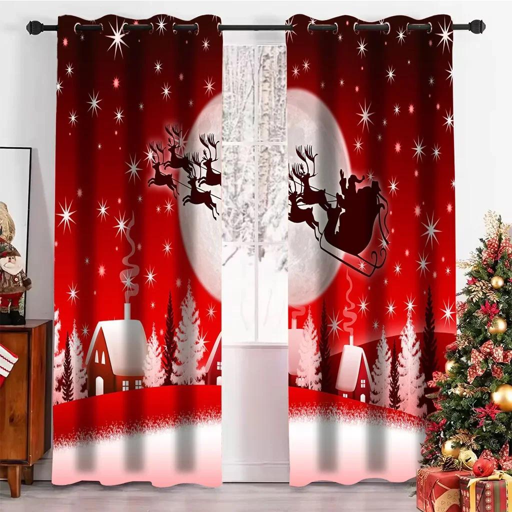 Happy New Year Christmas Curtain Traditional Festival Snow Tree Living Room Bedroom Window Curtains Kitchen Drapes