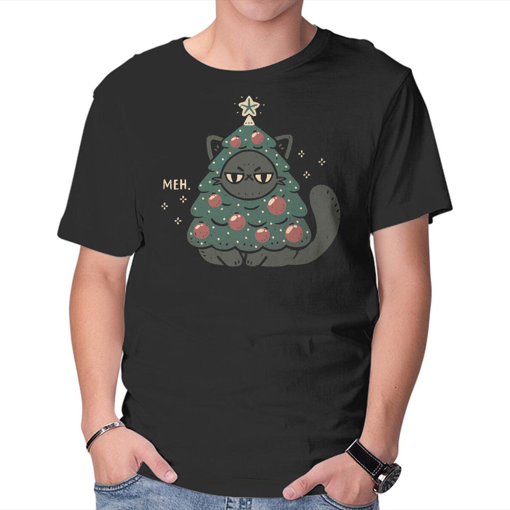 Unisex Crew Neck T-Shirt Funny Cat Christmas Tree Costume Graphic Short Sleeve Casual Tee
