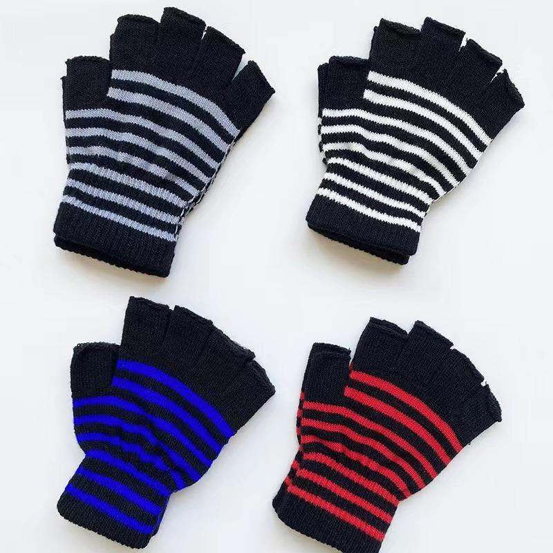 1Pair Unisex Black Stripes Half Finger Fingerless Gloves for Women Wool Knit Wrist Cotton Gloves Winter Warm Men Workout Gloves