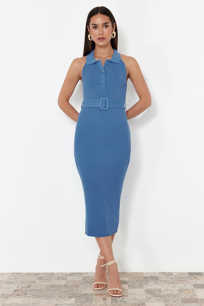 Women's Fashion New Dress Green Plain Belt Detailed