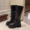 Брюки Штаны Ботинки Толстоподошвенные Высокие Рыцарские Ботинки Женские 2025 Осень и Зима Новые Ботинки Spice Girl Маленькие Ретро Ботинки с Мехом