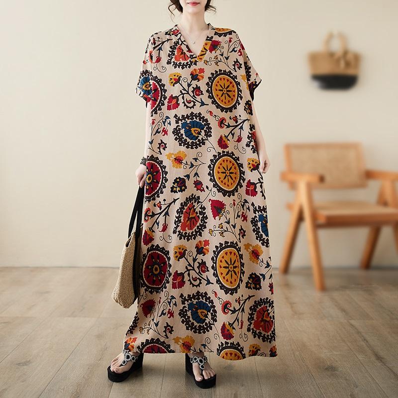Новое хлопковое винтажное платье с цветочным принтом больших размеров с короткими рукавами для женщин, повседневное свободное длинное летнее платье макси