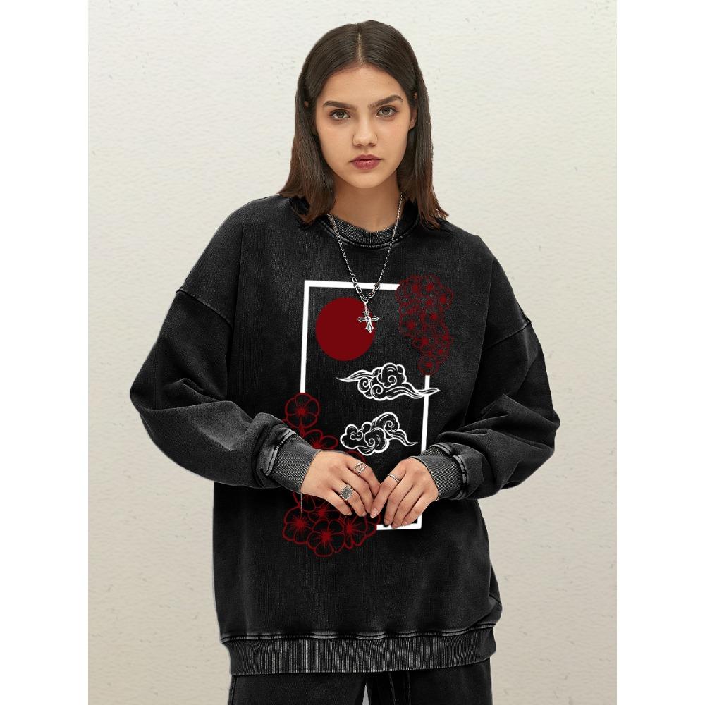 Харадзюку Японский Закат Вишневый Цвет Принт Женский Свитшот Хлопок Свободная Удобная Одежда Мягкая Спортивная Одежда