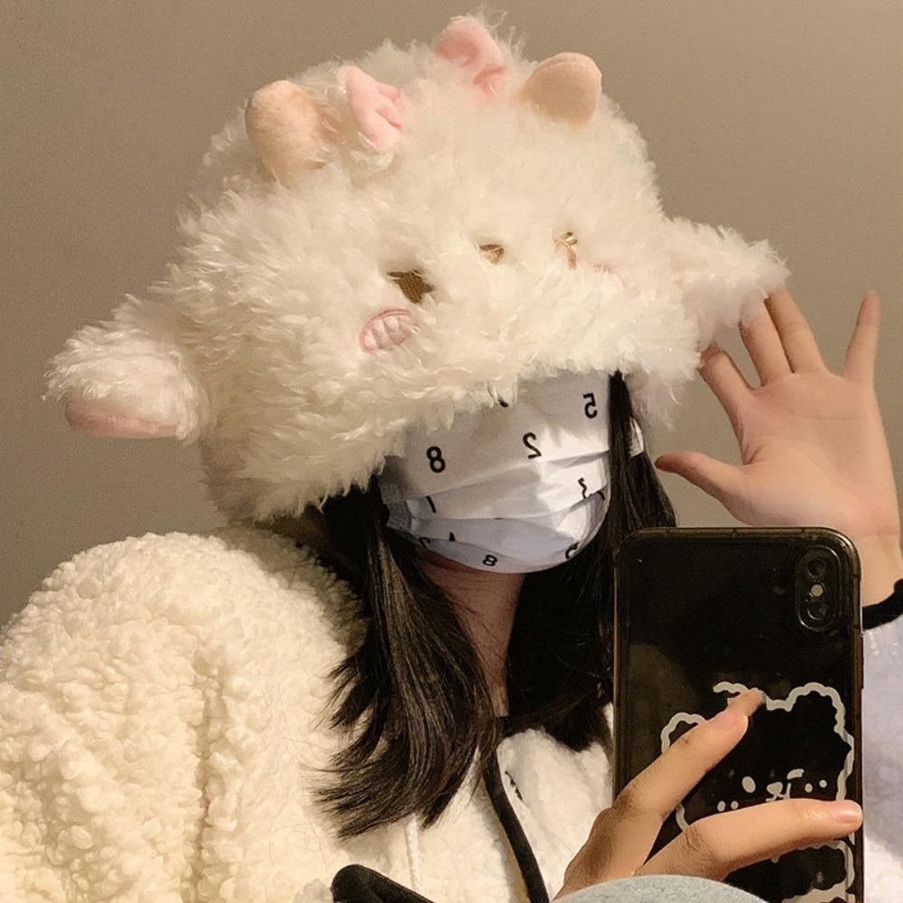 Fluff Sheep Ear Bucket Hat Soft Dome Hat Y2K Plush Pullover Hat Outdoor