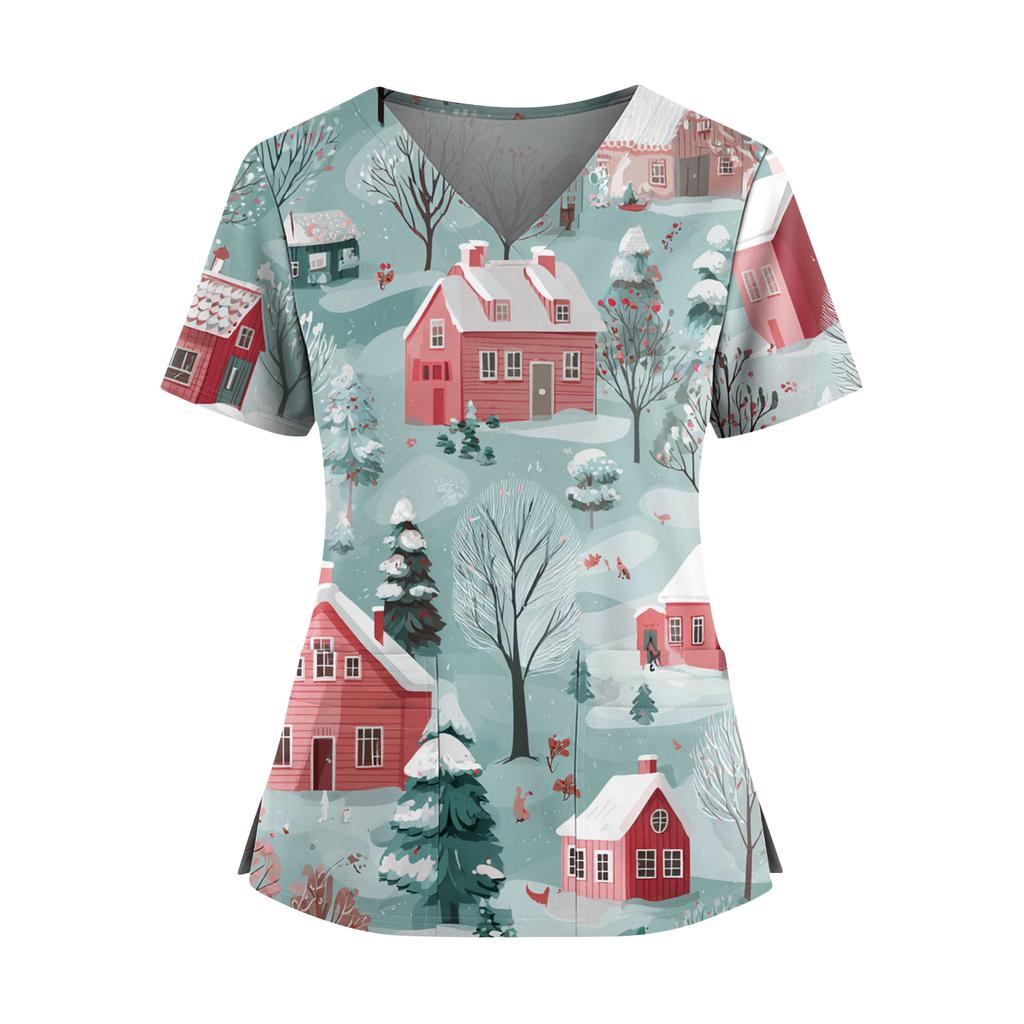 Women's Christmas Print V-Neck Double Pocket Short Sleeves Hem Slit Uniform And Caregiver Top