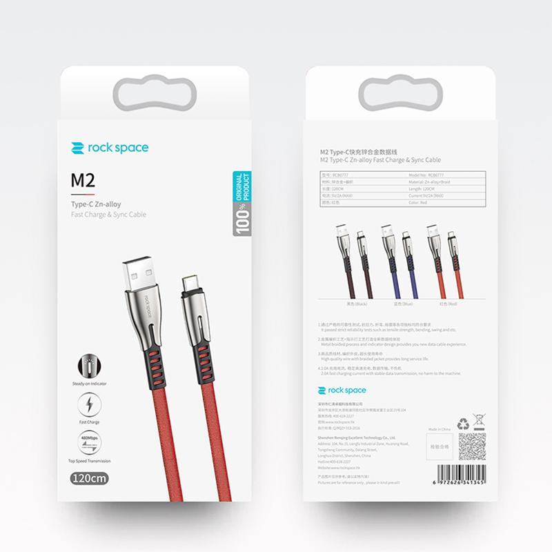 ROCK Кабель USB типа C, 2,4 А, быстрая зарядка через USB, зарядное устройство типа C, кабель для передачи данных, провод из цинкового сплава USB-C