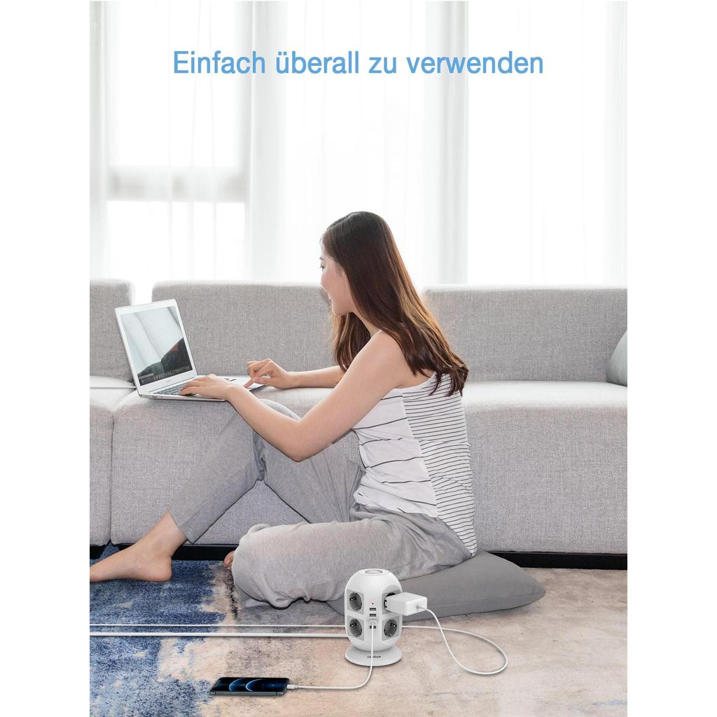 Tessan Башня с несколькими розетками и 3/4 USB-портами, удлинительный кабель 2 м, вертикальная вилка, электрическая розетка, защита от перенапряжения для дома