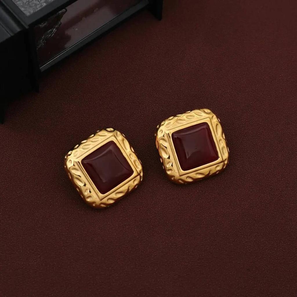 SHIXIN Vintage Red Black Resin Square Earring Women 2026 New 18K Gold Plated Stainless Steel Stud Earring Statement Jewelry Gift