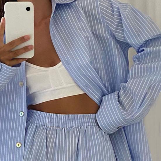 Женский наряд, вертикальные полосы, высокая талия, двухсекционная рубашка с длинными рукавами и лацканами, карманы, шорты для вечеринки