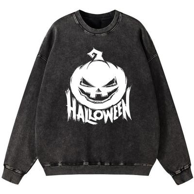Хэллоуин Тыква Девочка Винтажная Толстовка из Стиранного Хлопка Простой Свободный Пуловер Тонкий стиль Круглый вырез