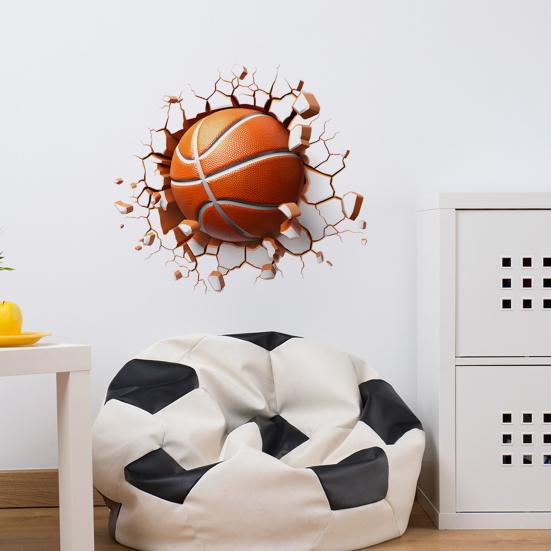 3D Basketball Wall Sticker Basketball Break Through The Wall Decor Self Adhesive Removable Wall Decal for Boys Bedroom Living Room Decor