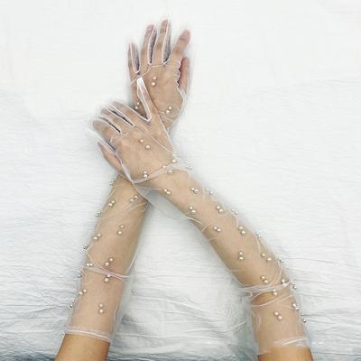 Удлиненные кружевные шифоновые перчатки с жемчугом, летние сетчатые перчатки с защитой от ультрафиолета для свадьбы, свадьбы, свадьбы, без пальцев, женские винтажные перчатки для вечеринок