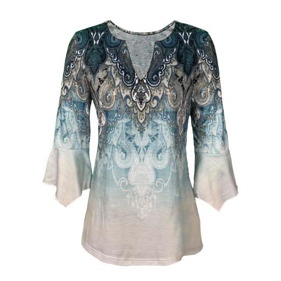 Women T-Shirt V-neck 3/4 Sleeve Pullover Tops Floral Print Lightweight Breathable Casual Tops Streetwear