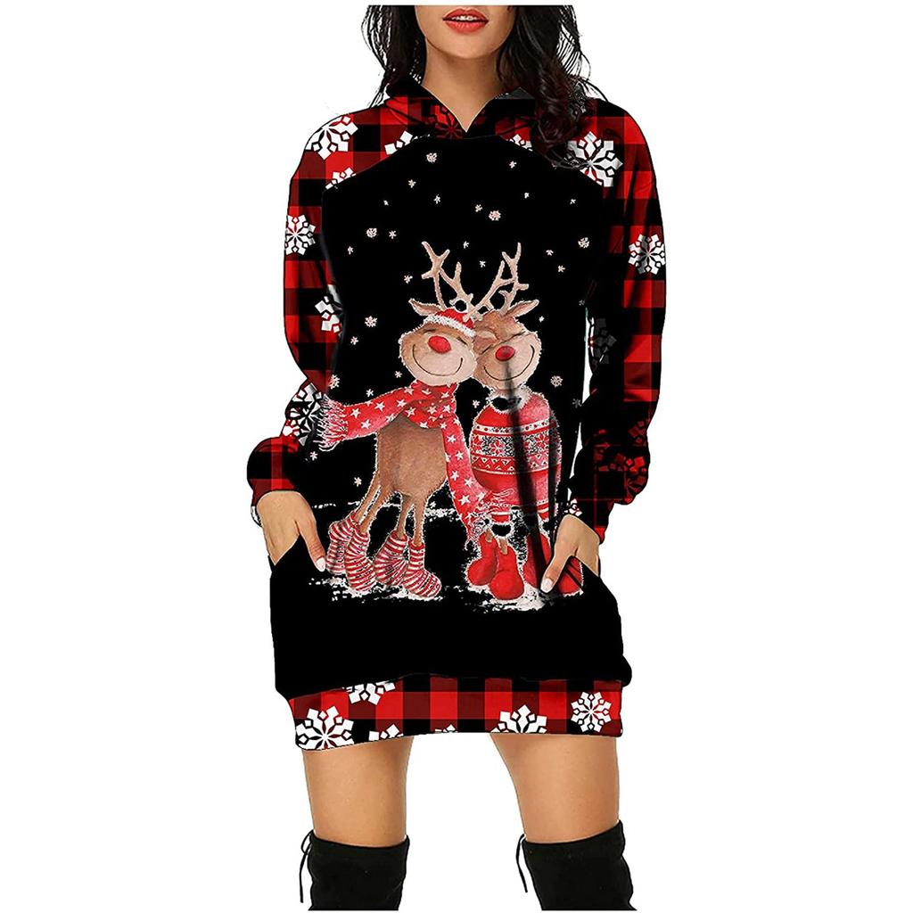 Fashion Womens Loose Christmas Plaid Snowflake Print Long Sleeve With Hooded Dress