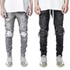 Men's Stretch Denim Skinny Pants Motorcycle Ripped Black Jeans