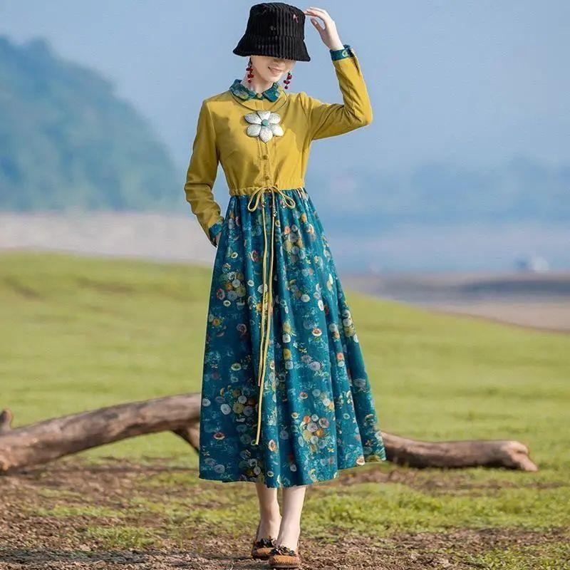 Платье из хлопка и льна в этническом стиле с принтом, длинная юбка для похудения