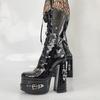 15cm Platform Hollow Boots Square High Heel Patent Leather Cross Tied Ribbon Side Zipper Long Shoes Dark Punk Black Lolita Shoes