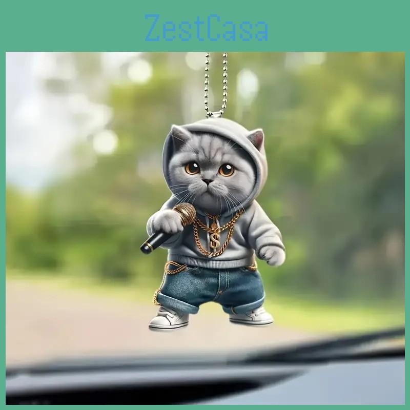 Cute Cartoon Grey Cat Pattern Acrylic Pendant For Auto Interior Accessories